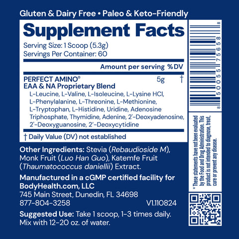 BodyHealth PerfectAmino Powder (Unflavored, Lightly Sweetened, 60 Servings) — supplement facts label