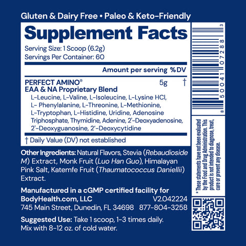 BodyHealth PerfectAmino Powder (Vanilla, 60 Servings) — supplement facts label