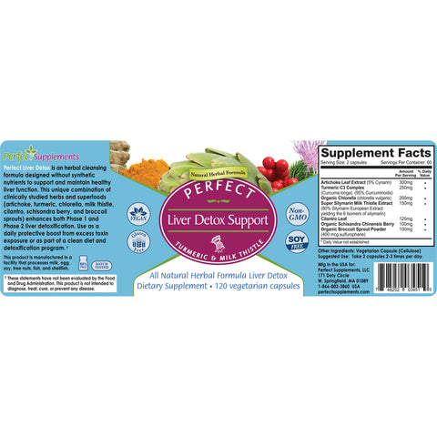 Perfect Liver Detox Support - Turmeric, Milk Thistle, & Other Detoxifying Organic Herbs - 120 Vegetable Capsules