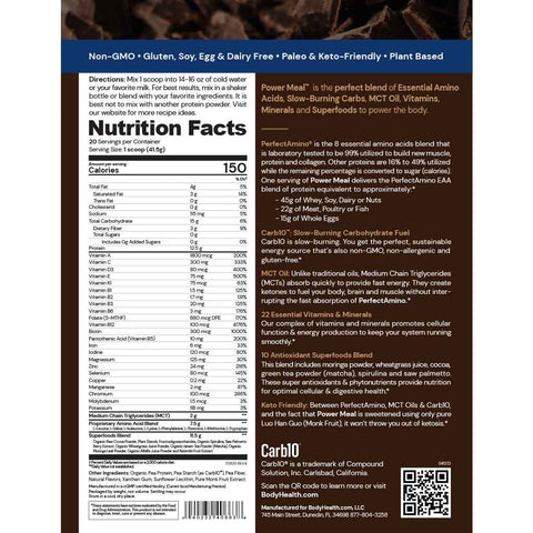 BodyHealth PerfectAmino Power Meal (Chocolate, 20 Servings) — supplement facts label