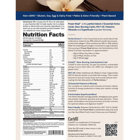 BodyHealth PerfectAmino Power Meal (Vanilla, 20 Servings) — supplement facts label
