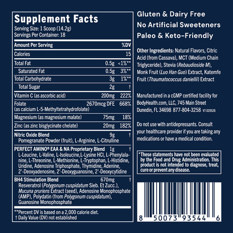 BodyHealth PerfectAmino Pre-Workout (18 Servings) — supplement facts label