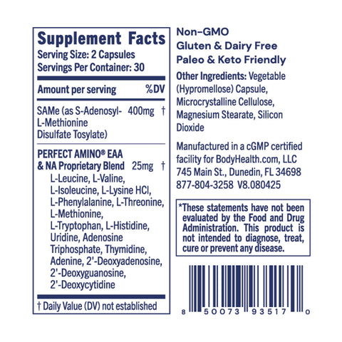 BodyHealth SAMe (60 Capsules) — supplement facts label