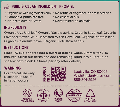 Wishgarden Herbs AfterBirth Sitzbath Postpartum Herbal Soak (3.17 oz Bag)