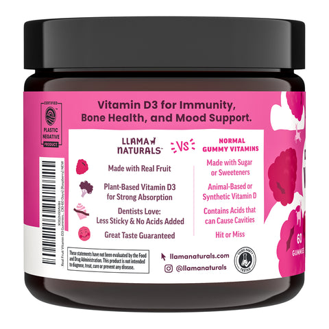 Llama Naturals Organic Kids & Adult Vitamin D3 Gummies - Raspberry (60 CT)