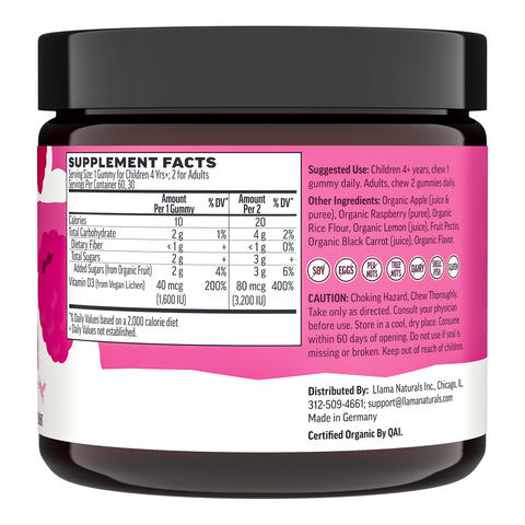 Llama Naturals Organic Kids & Adult Vitamin D3 Gummies - Raspberry (60 CT)