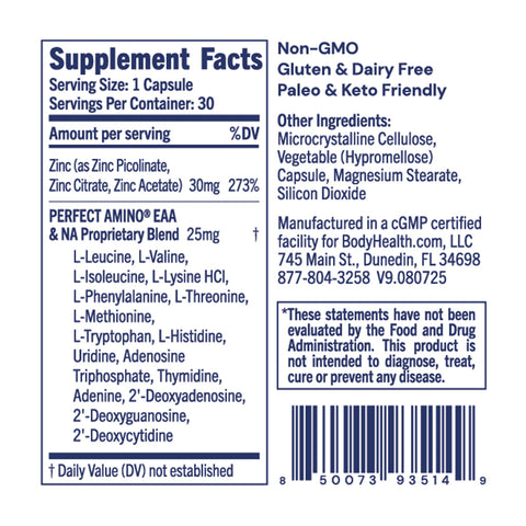 BodyHealth Zinc (30 Capsules) — supplement facts label