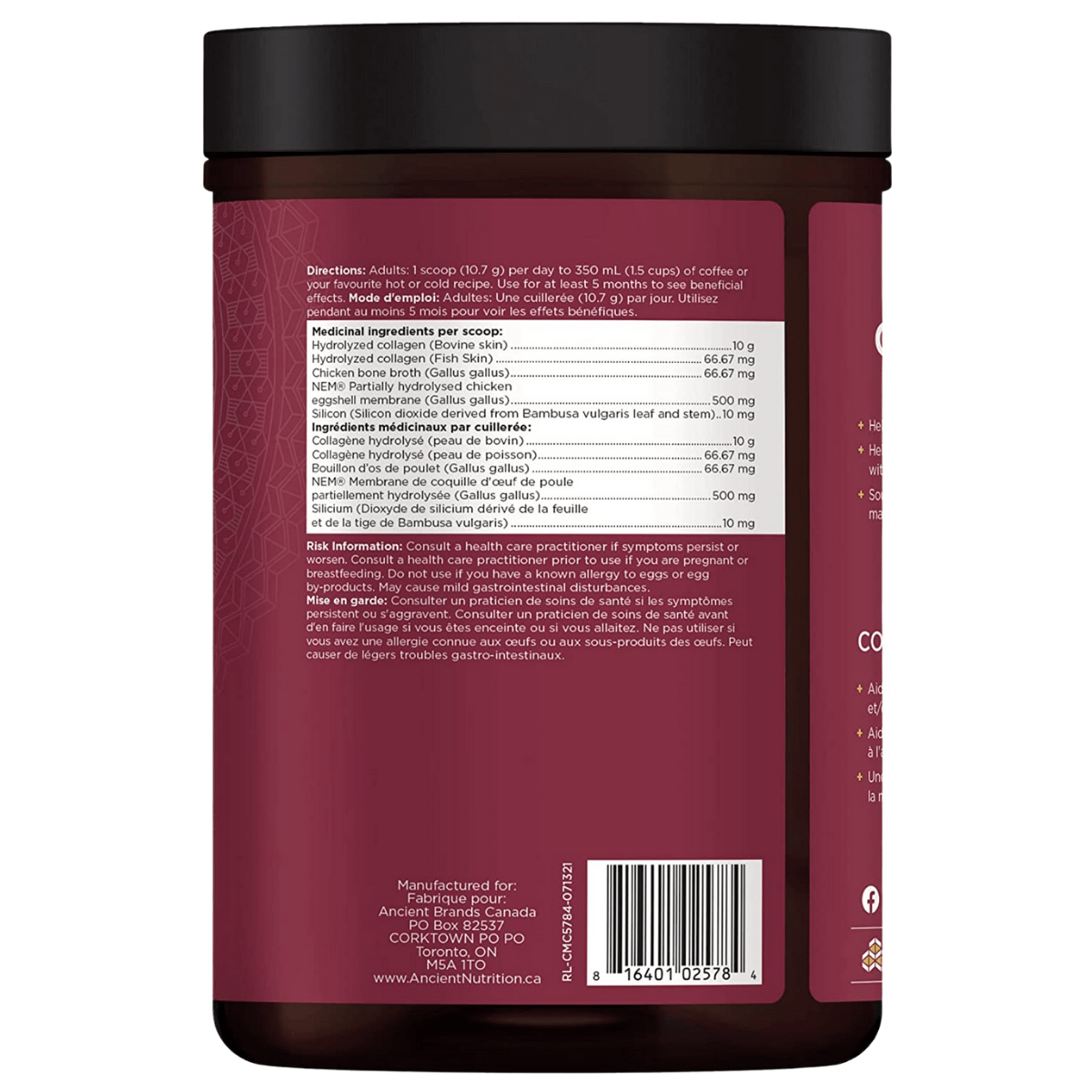 Ancient Nutrition Multi Collagen Protein Unflavoured, 480g (45 servings)- Nutritional value
